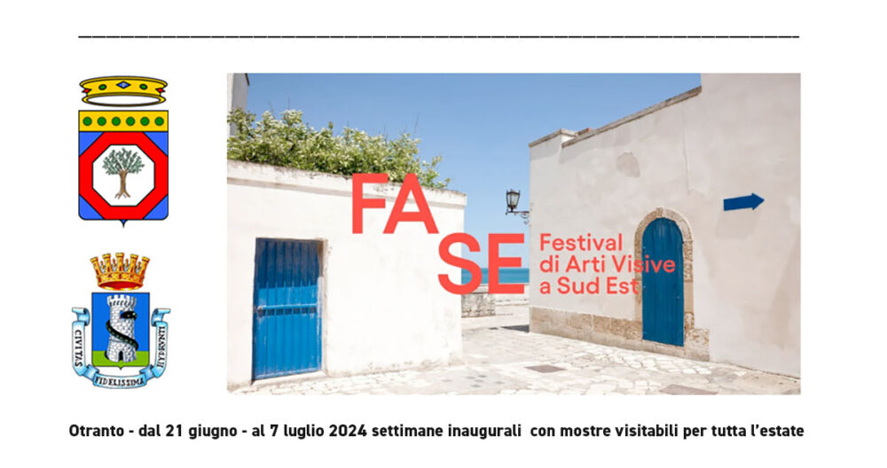 FASE è un Festival di Arti Visive integrate nella città di Otranto. Fotografia, esposizioni in location e all’aperto, sintografie, musica. FASE Riempirà le strade e i palazzi di Otranto dal 21 Giugno 2024 al 7 luglio con le settimane inaugurali ma con le mostre visitabili per tutta l’estate.